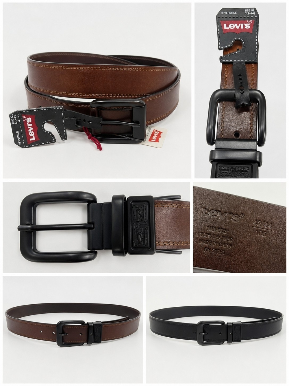 Levi's Reversible Brown and Black Leather Belt with Matte Black Buckle, Size XL